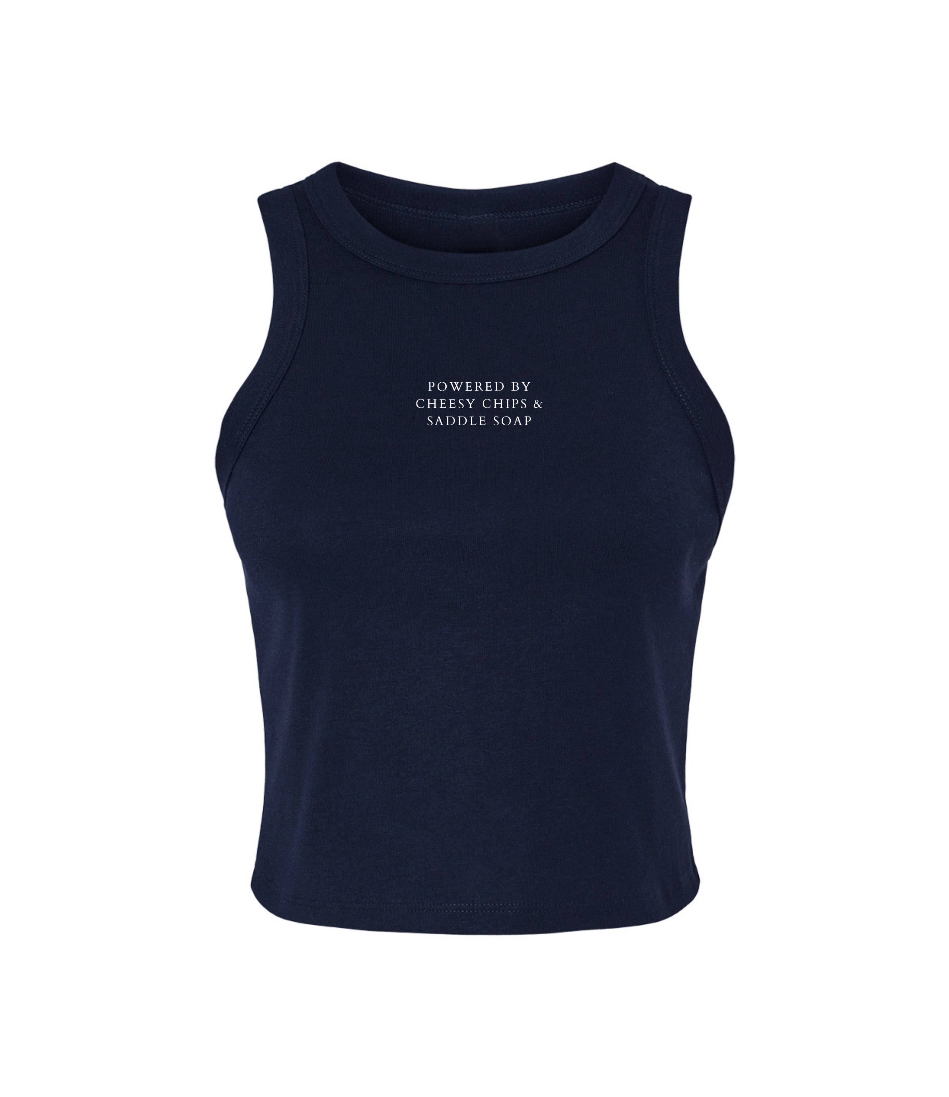 Powered by cheesy chips & saddle soap  - navy racer back vest